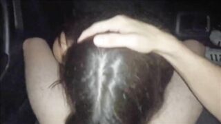 Schoolgirl sucks cock in car in public, risky blowjob and shows her tits risky, legal age, teen