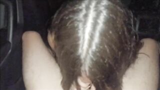 Schoolgirl sucks cock in car in public, risky blowjob and shows her tits risky, legal age, teen