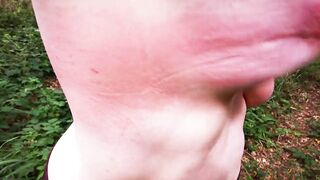 Slapping her naked tits in lavender field