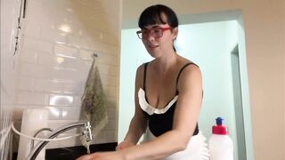 Milf with big boobs is cleaning the house