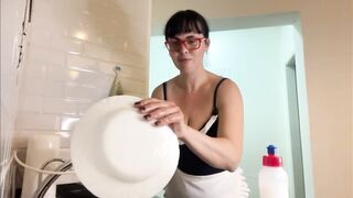 Milf with big boobs is cleaning the house