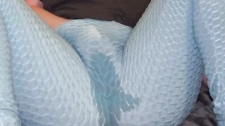 Bursting to pee in tight blue leggings. I rub my pussy till I cum and then piss myself!