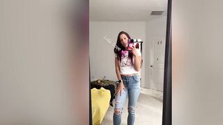 Big boobs babe bare feet in jeans mirror selfie trying out new voiceover app before/after doing hair dye - Lelu Love